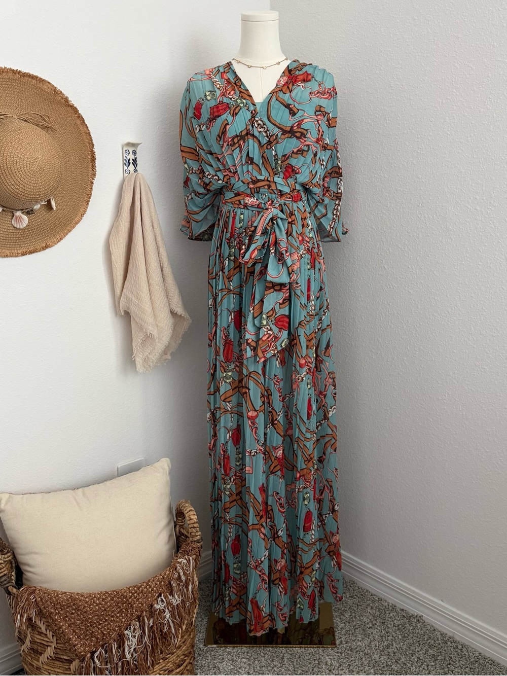 L'ATISTE Teal Floral Pleated Wrap Jumpsuit